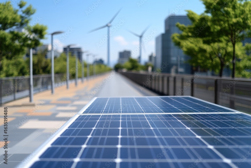 Fototapeta premium Sustainable energy with solar panel and wind turbines in urban landscape
