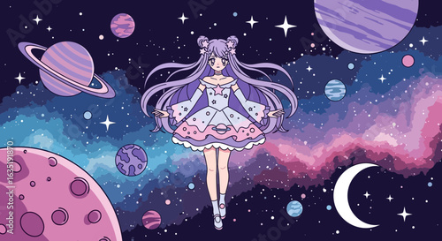 Astral Maiden Floating Among Interstellar Planets And Sparkling Cosmic Dust