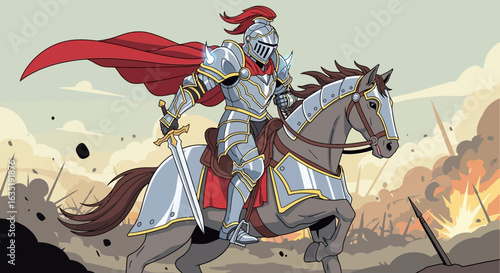 Brave Knight Riding Horse Into Battle During Medieval Times
