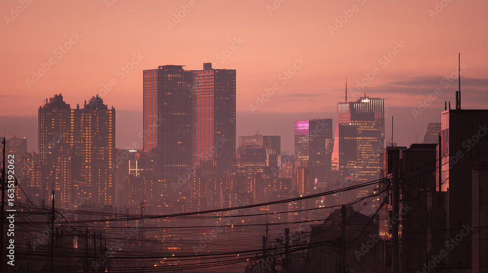 Fototapeta premium Modern City Skyline at Dusk with Orange Haze