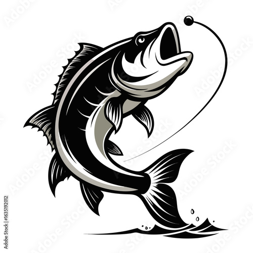 Dynamic illustration of a large fish leaping out of the water to catch a fishing lure