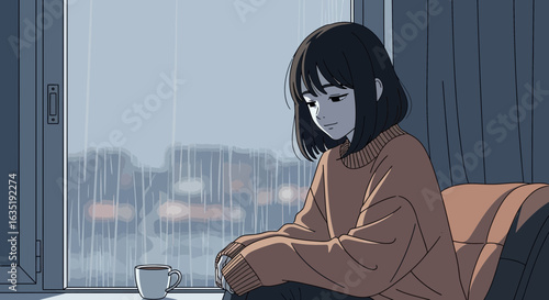 Rainy Day Melancholy Young Woman With Coffee Cup Illustration