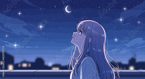 Girl Gazing At The Stars And Crescent Moon At Night