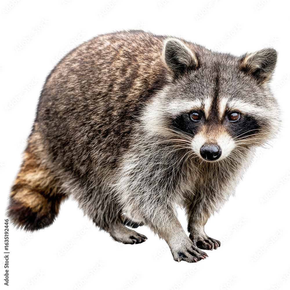 Fototapeta premium Raccoon sitting outdoors, forest background, wildlife, nature, animal portrait