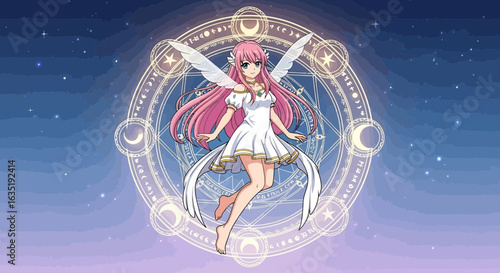Magical Pink Haired Angel Floating Within a Mystical Circle