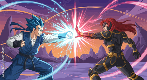 Intense Battle Illustration of Two Powerful Characters Clashing on a Desert Planet