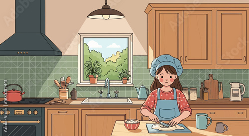 Girl Prepares Dough In Kitchen With Natural Light Illustration