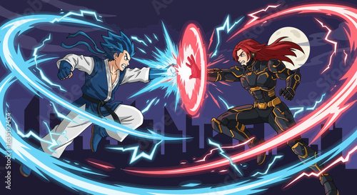 Anime Style Fight Scene With Superpowers in Urban Setting