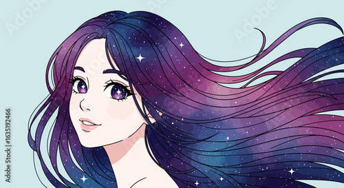 Anime Girl With Galaxy Hair and Starry Eyes in Cartoon Style