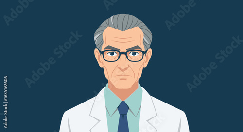 Mature Doctor Portrait With Eyeglasses On Navy Background