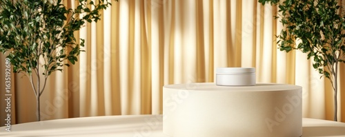 Neutral stage for product promotion minimalist backdrop and greenery