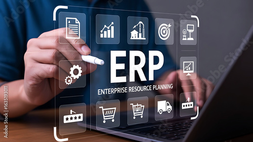 Person interacting with a holographic erp system interface displaying business process icons and data analytics