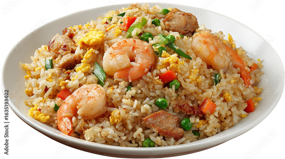 Close-up of a bowl of fried rice with vegetables and prawns. Featuring a colorful and appetizing dish. Highlighting the versatility and flavor of fried rice. Ideal for food and culinary themes. Close-up of a bowl of fried rice with vegetables and prawns. Featuring a colorful and appetizing dish. Highlighting the versatility and flavor of fried rice. Ideal for food and culinary themes.