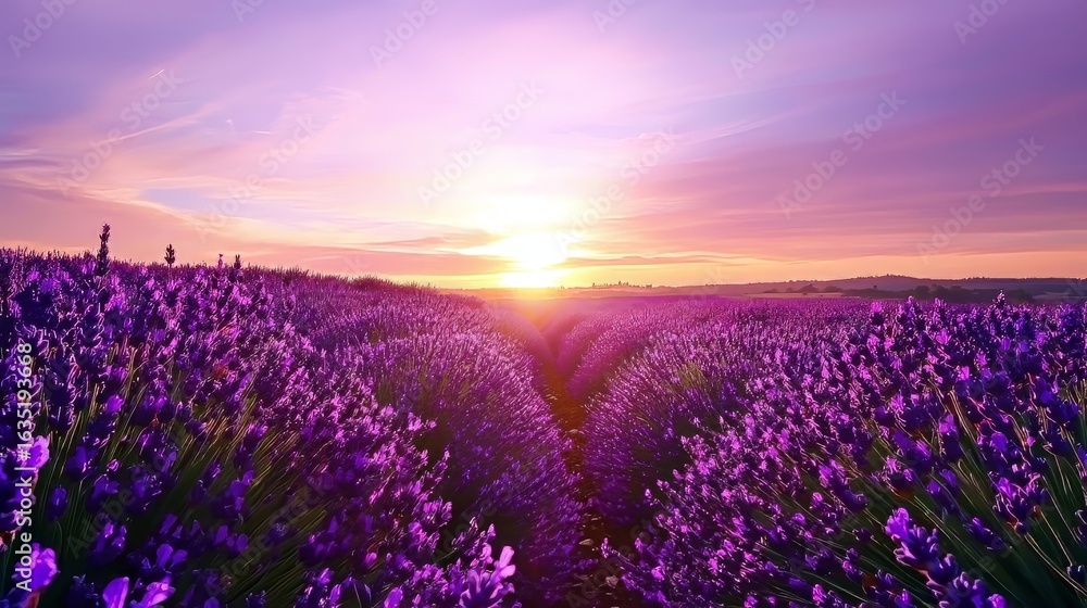Obraz premium Stunning beauty in endless aromatherapy fields of Provence, shining in the warm summer light. The violet rows of France stretch into the distance, carrying a sweet fragrance