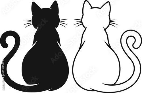 Vector art of black and white cats sitting together isolated on white background in silhouette