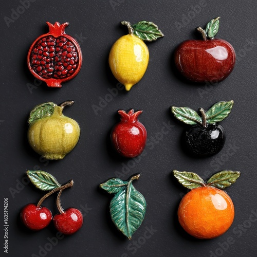Colorful fruit magnets arranged on dark background; kitchen decor
