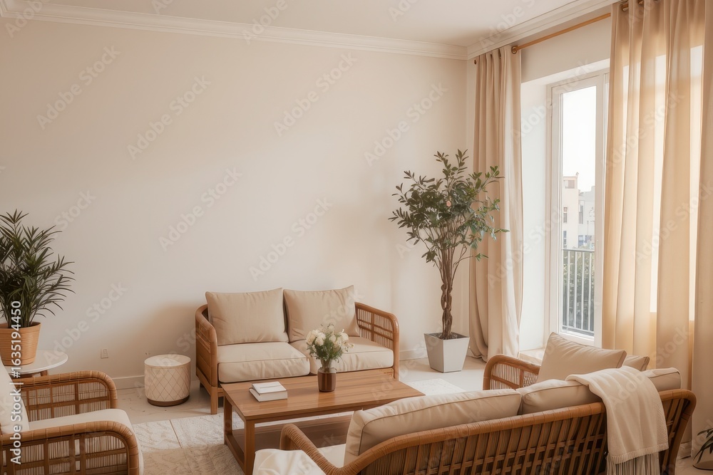Fototapeta premium Bright Living Room with Curtains and Tree 