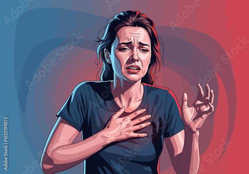 Anxious woman in fear, experiencing sudden chest pain and shortness of breath, a depiction of a panic attack.