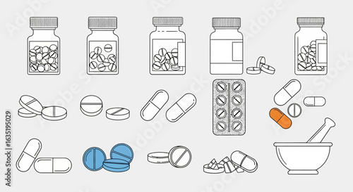 A collection of pharmacy line icons showing various pills, capsules, medicine bottles, and a mortar and pestle for healthcare concepts.