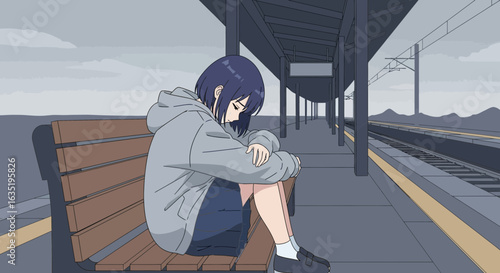 Melancholic Departure Young Woman Alone On A Train Station Bench
