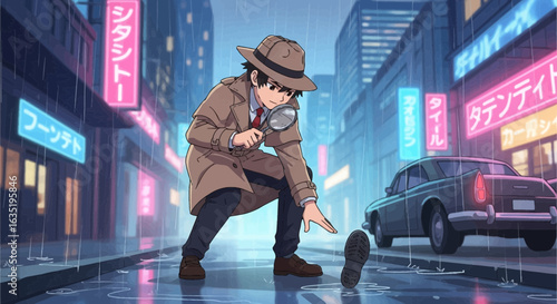 Detective Analyzes Footprint Clue In Rainy Cityscape On A Neon Lit Street