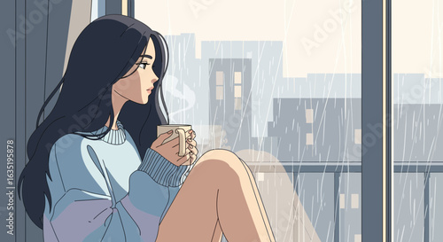 Girl Enjoying Coffee While Watching Rain Outside Window