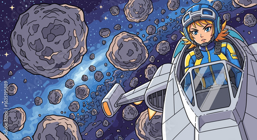 Woman In Spaceship Navigating Asteroid Field In The Cosmic Galaxy
