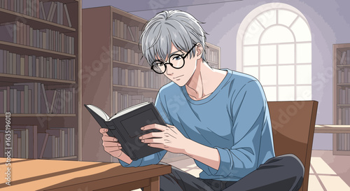 Young Man Reads a Book in Quiet Library Anime Style