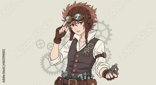 Inventive Steampunk Character Illustration Against Mechanical Gear Backdrop
