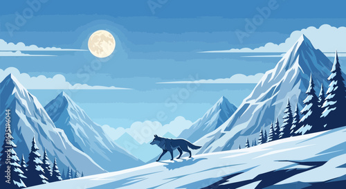 Wolf Roaming Through Majestic Mountain Landscape Under Full Moon