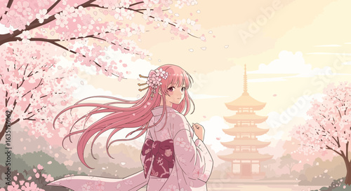 Blooming Cherry Blossoms Frame Young Woman in Traditional Kimono Landscape