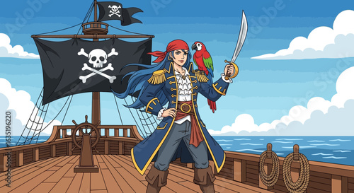 Cartoon Pirate Captain With Parrot Standing On Ship Deck