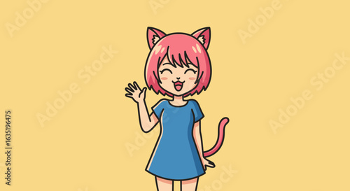 Cheerful Catgirl Waving Hello Character Design In Cartoon Style