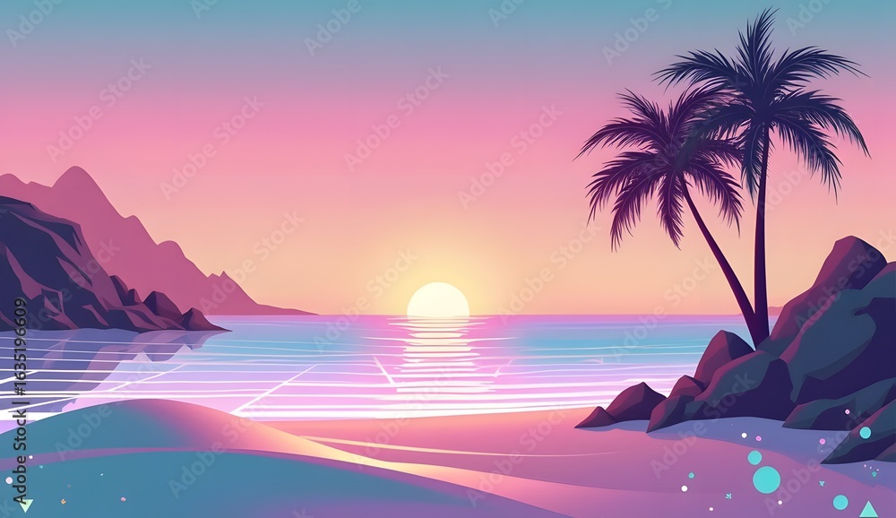 Fototapeta premium Vaporwave Tropical Sunset Beach in Flat 2D Vector Style