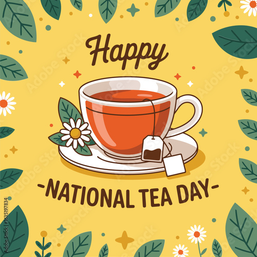 Cheerful cup of tea with flowers and leaves drink beverage