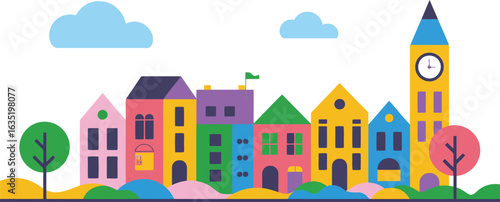Colorful townscape with clock tower and trees buildings houses