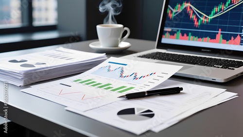 Close-Up of Financial Charts and Laptop Displaying Market Data on Office Desk with Coffee