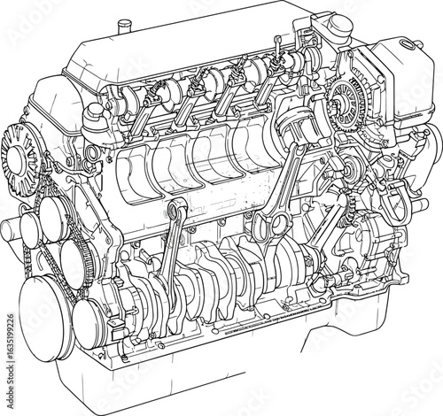 Detailed Engine Drawing: Mechanical Illustration Blueprint Depiction
