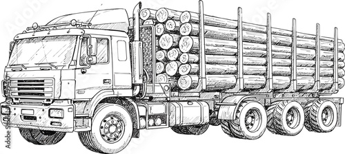 Logging Truck Drawing: Detailed Line Art Illustration