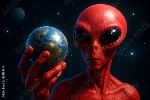 A red extra terrestrial alien holding the earth in his hand,  ai generated