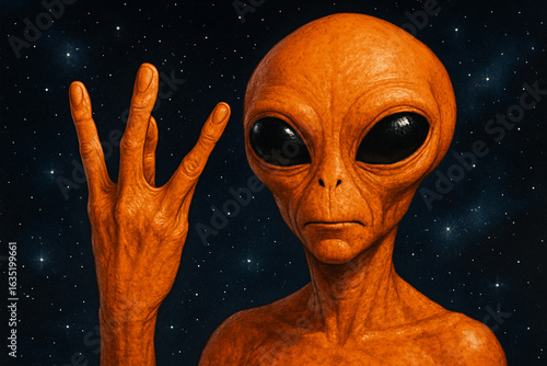 An orange extra terrestrial alien holding up his hand with a 