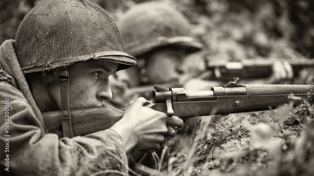 Fototapeta premium World War II Soldiers in Trench, Black and White Photography