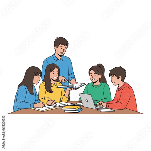 A group of five young adults are gathered around a table, studying together, with one person pointing at a book.