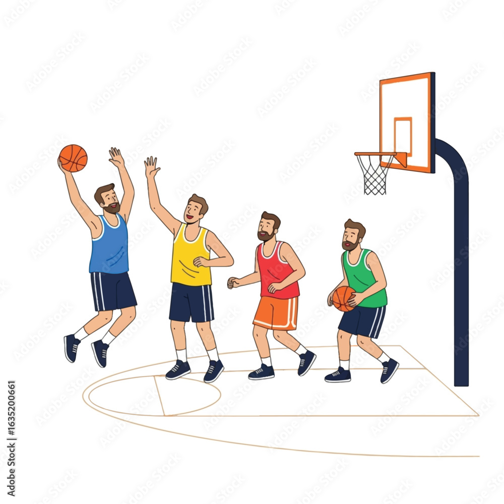 Fototapeta premium Four men playing basketball on a court, one jumping to shoot, another defending, one dribbling, and one running.