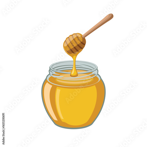 Golden honey dripping from wooden dipper into glass jar vector