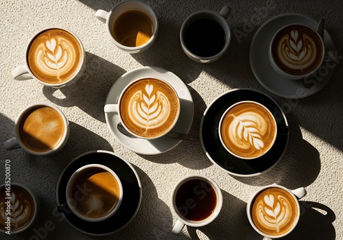 A collection of delicious hot coffee drinks with beautiful latte art presented on a textured surface