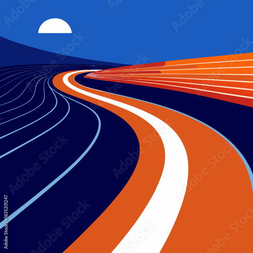 Abstract graphic representation of a winding road or track under a crescent moon in a dark blue sky with orange accents