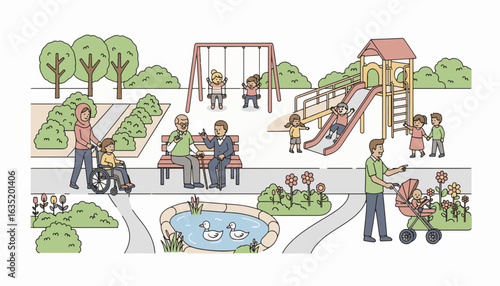Vibrant illustration of a diverse and inclusive community park where people of all ages and abilities enjoy leisure activities