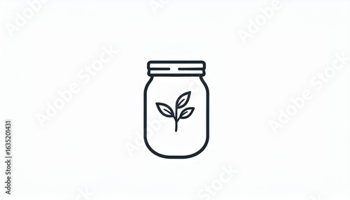 Minimalist line icon of a plant sprout growing inside a glass jar. A symbol for organic products, ecology, preservation, and sustainable growth.