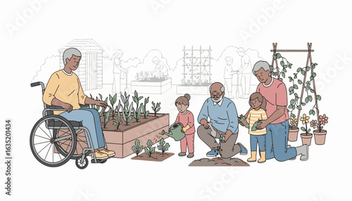Multi-generational family enjoying gardening . Elderly woman in a wheelchair with her grandchildren and family in an accessible community garden.
